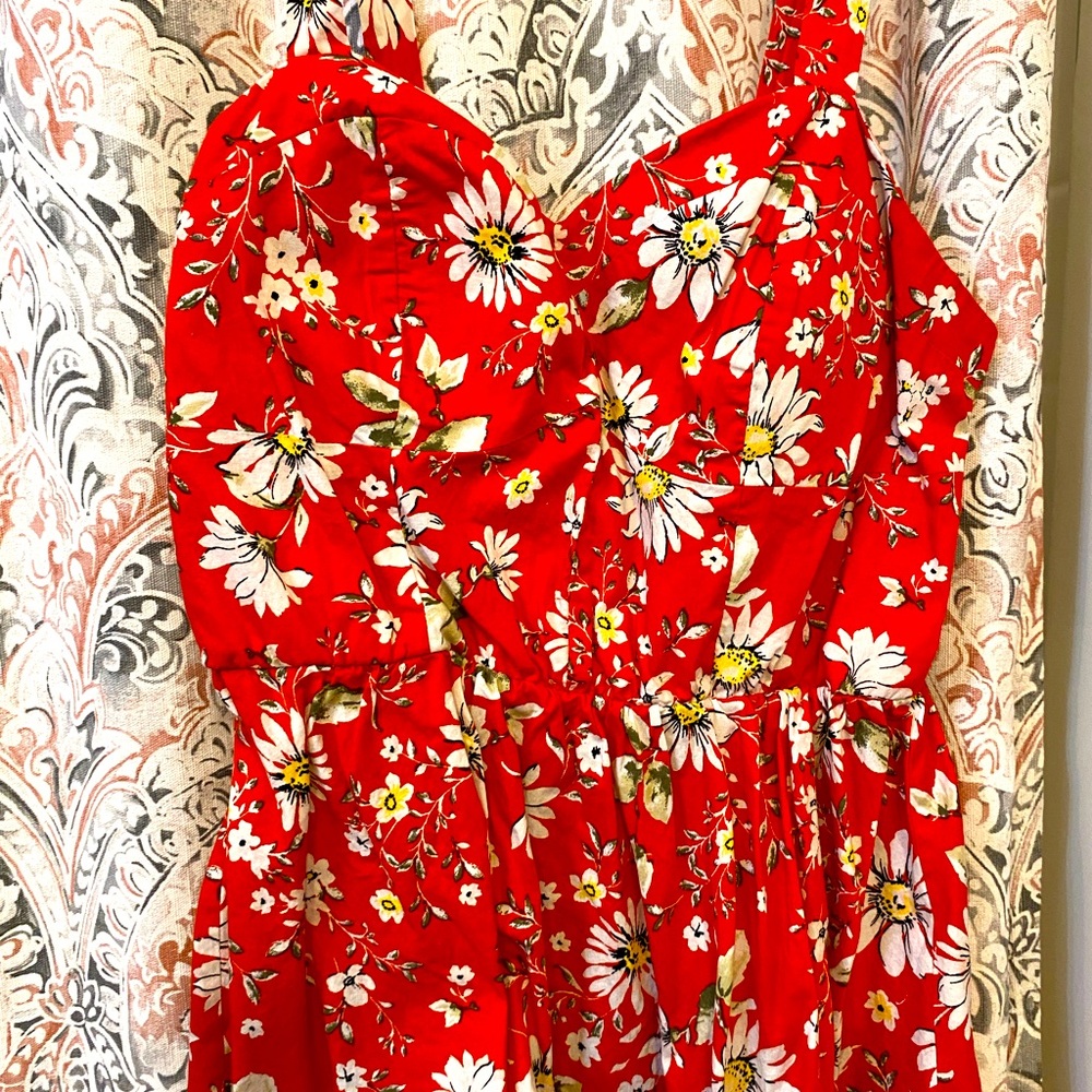 Red spaghetti strap dress with white floral print